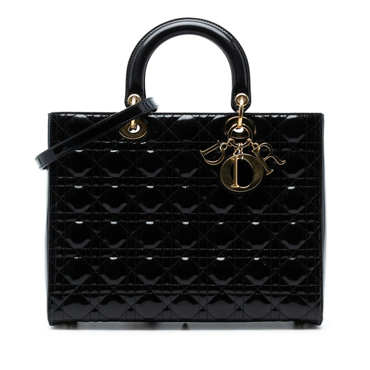 Black Dior Large Patent Cannage Lady Dior Satchel Rovelle Bags