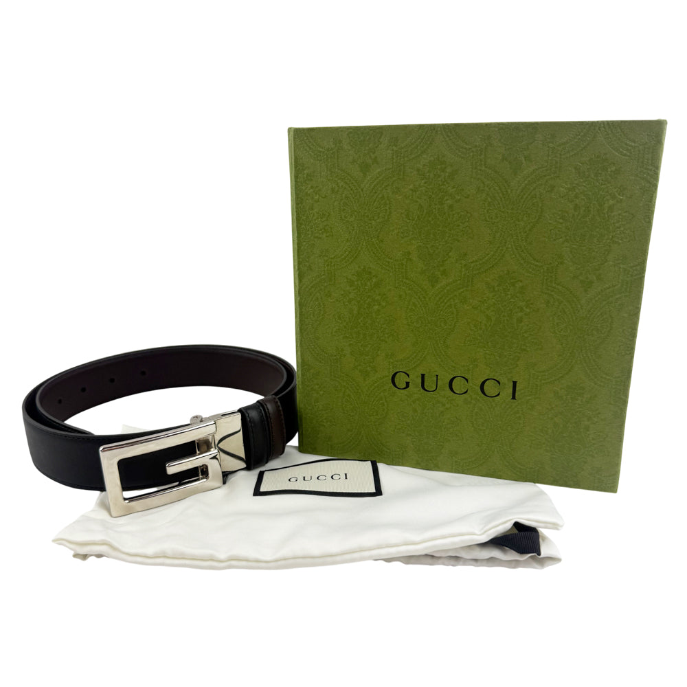 GUCCI Square G Buckle Reversible Black/Brown Leather Belt Size 36" LHQ1336