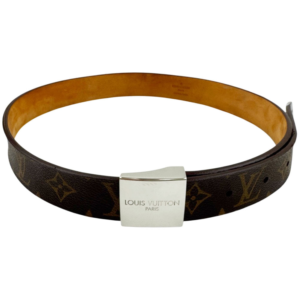 LOUIS VUITTON Monogram Santur Silver Buckle Belt Size 30" LHQ1582