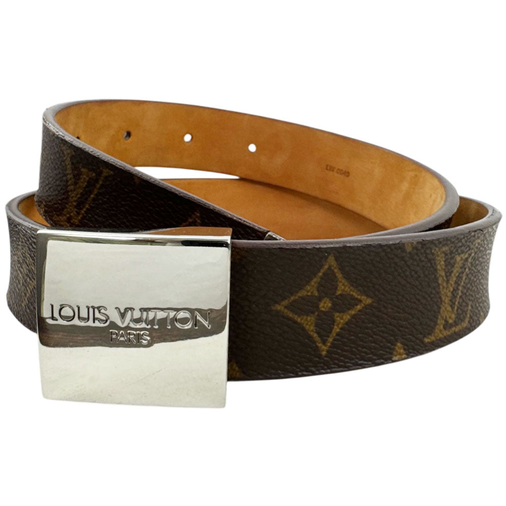 LOUIS VUITTON Monogram Santur Silver Buckle Belt Size 30" LHQ1582