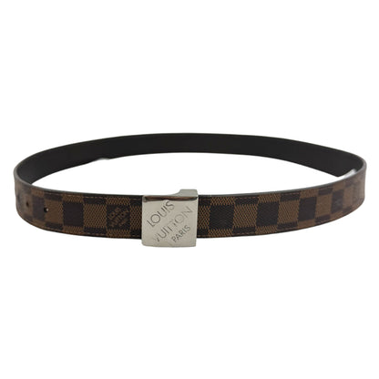 LOUIS VUITTON Damier Ebene Santur Carre Silver Buckle Belt Size 36" LHQ978