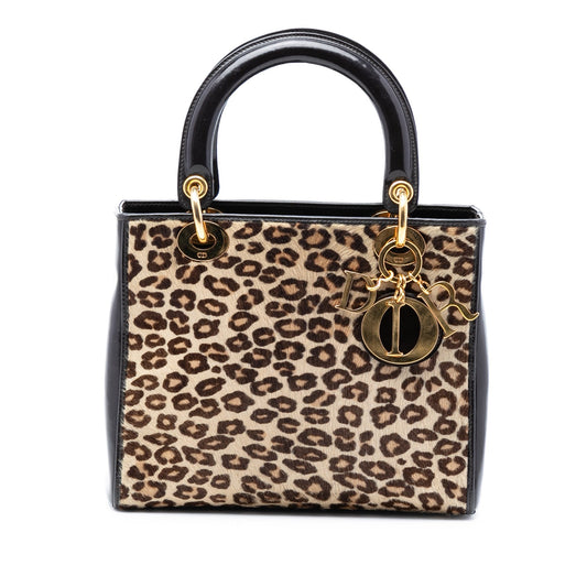 Brown Dior Medium Pony Hair Leopard Print Lady Dior Satchel Rovelle Bags