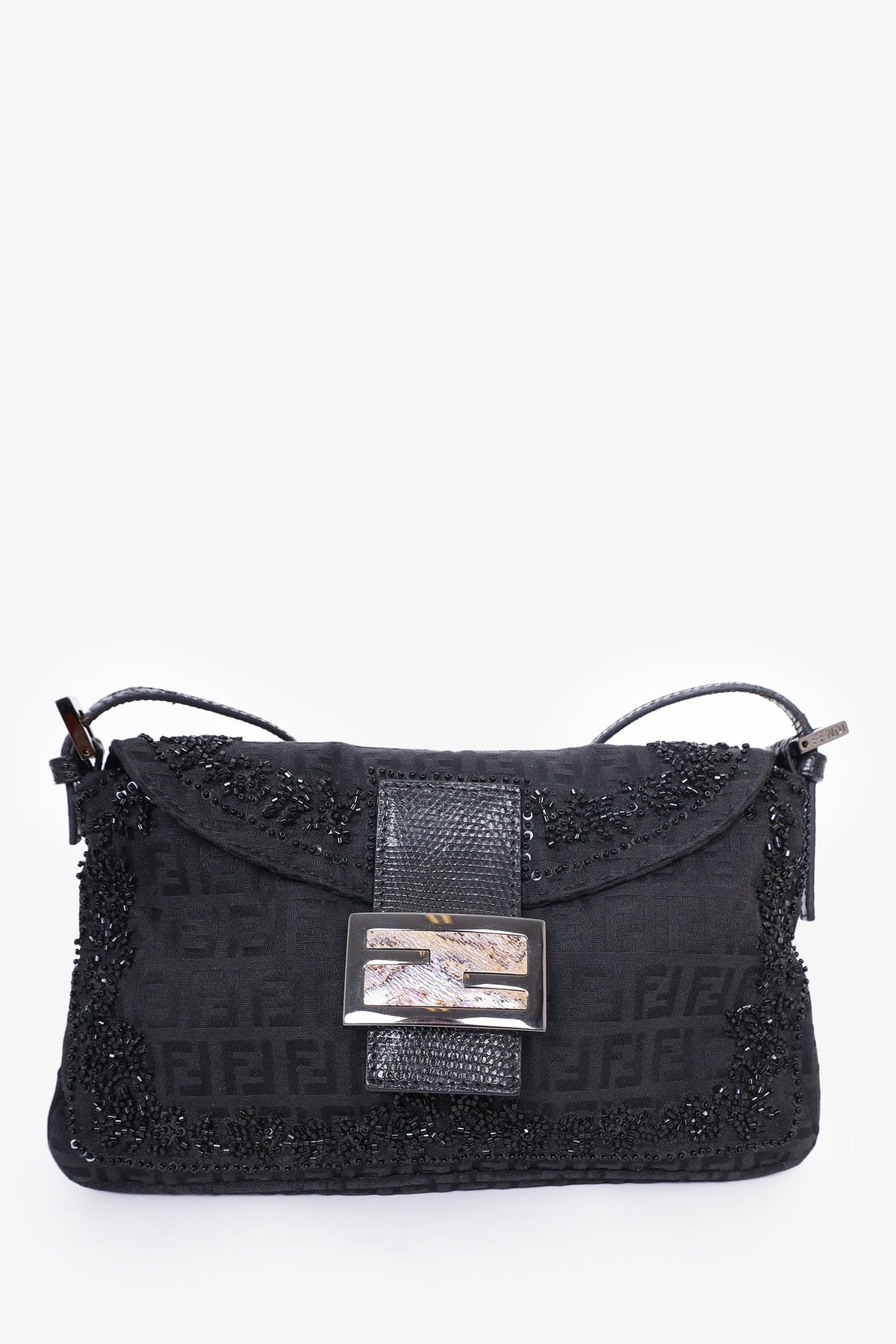 Fendi Black FF Zucca Beaded Lizard Trimmed Baguette Rovelle Bags