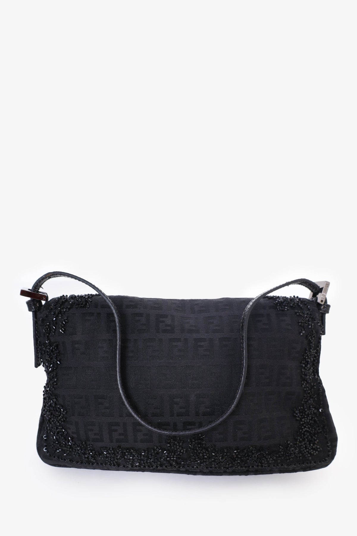 Fendi Black FF Zucca Beaded Lizard Trimmed Baguette Rovelle Bags