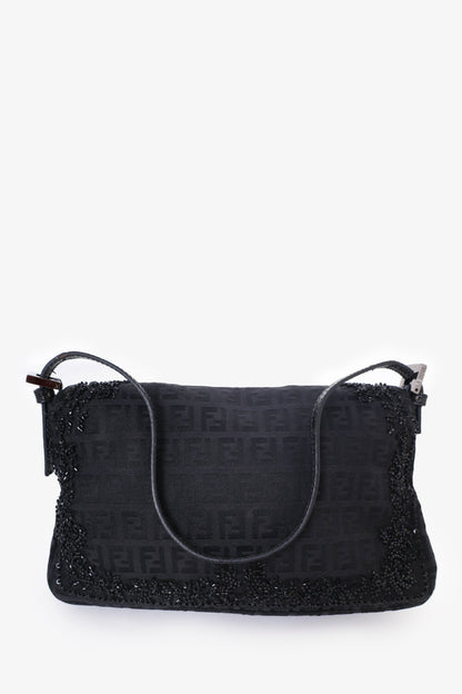 Fendi Black FF Zucca Beaded Lizard Trimmed Baguette Rovelle Bags