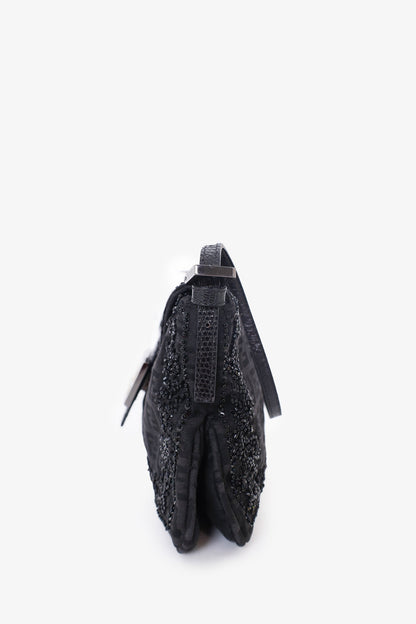 Fendi Black FF Zucca Beaded Lizard Trimmed Baguette Rovelle Bags