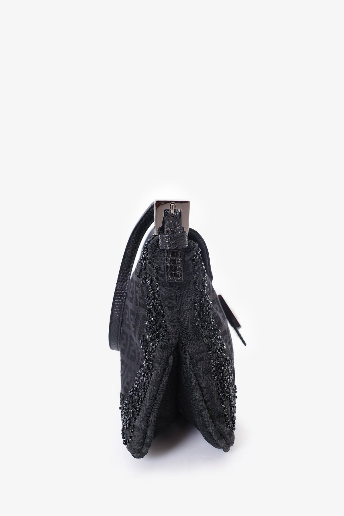 Fendi Black FF Zucca Beaded Lizard Trimmed Baguette Rovelle Bags