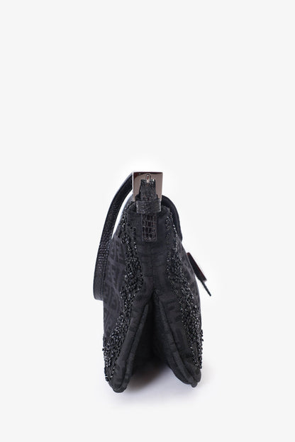 Fendi Black FF Zucca Beaded Lizard Trimmed Baguette Rovelle Bags