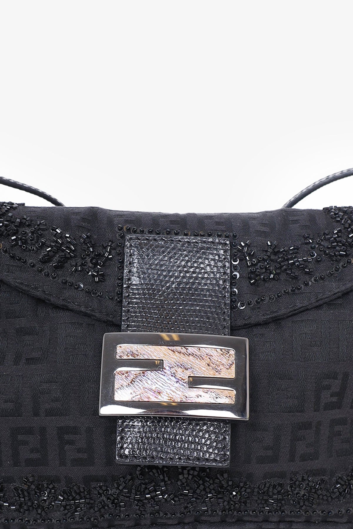 Fendi Black FF Zucca Beaded Lizard Trimmed Baguette Rovelle Bags
