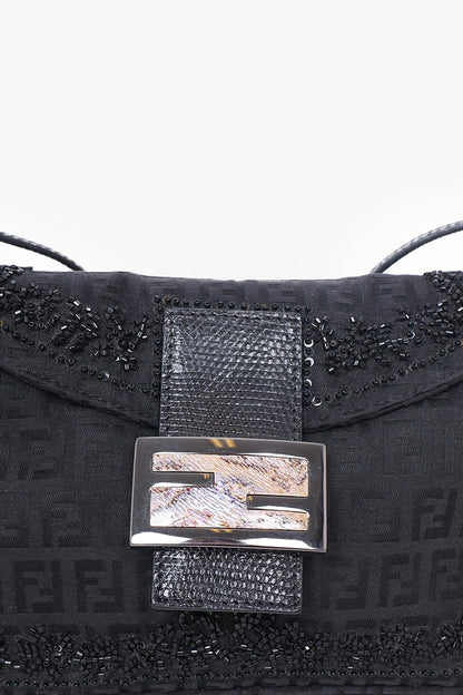 Fendi Black FF Zucca Beaded Lizard Trimmed Baguette Rovelle Bags