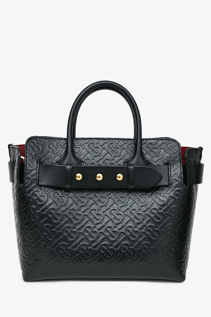 Burberry Black Leather TB Monogram Embossed Tote With Strap