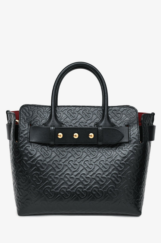 Burberry Black Leather TB Monogram Embossed Tote With Strap