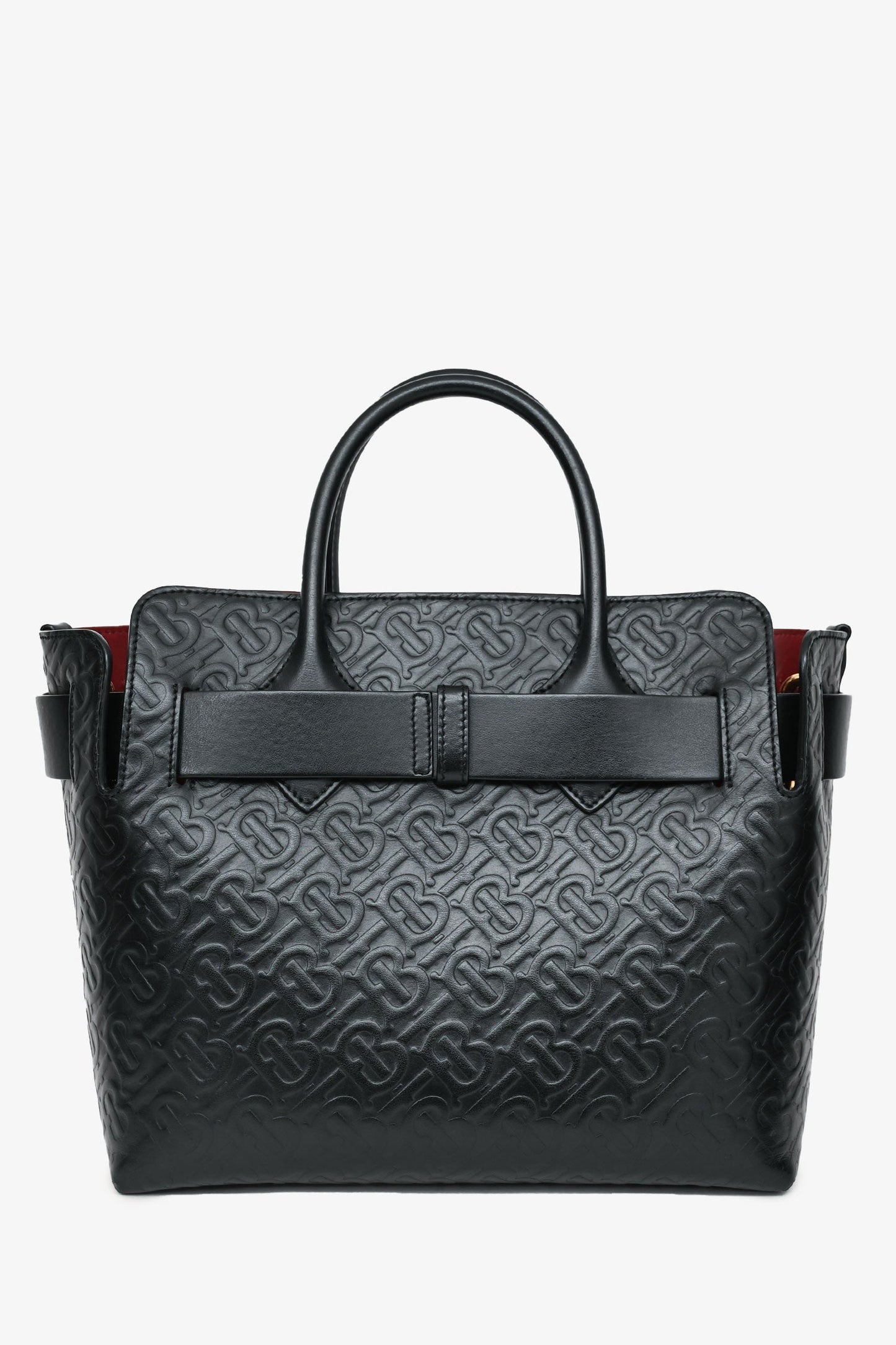 Burberry Black Leather TB Monogram Embossed Tote With Strap