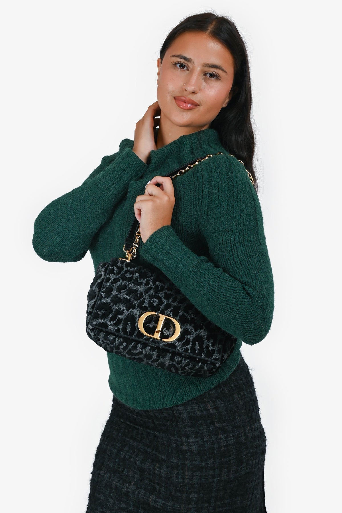 Christian Dior 2021 Black Grey Velvet Leopard Print Medium Caro Bag Rovelle Bags