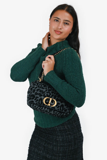 Christian Dior 2021 Black Grey Velvet Leopard Print Medium Caro Bag Rovelle Bags