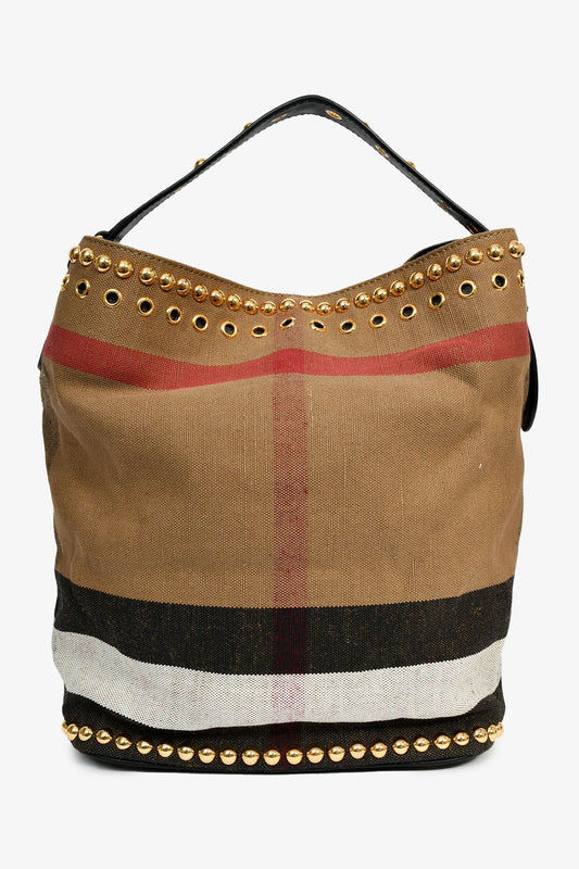 Burberry Brown/Black Linen/Leather Novacheck Studded Hobo Bag