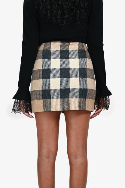 Burberry London Beige Wool Tartan Patterned Mini Skirt Size 2 US