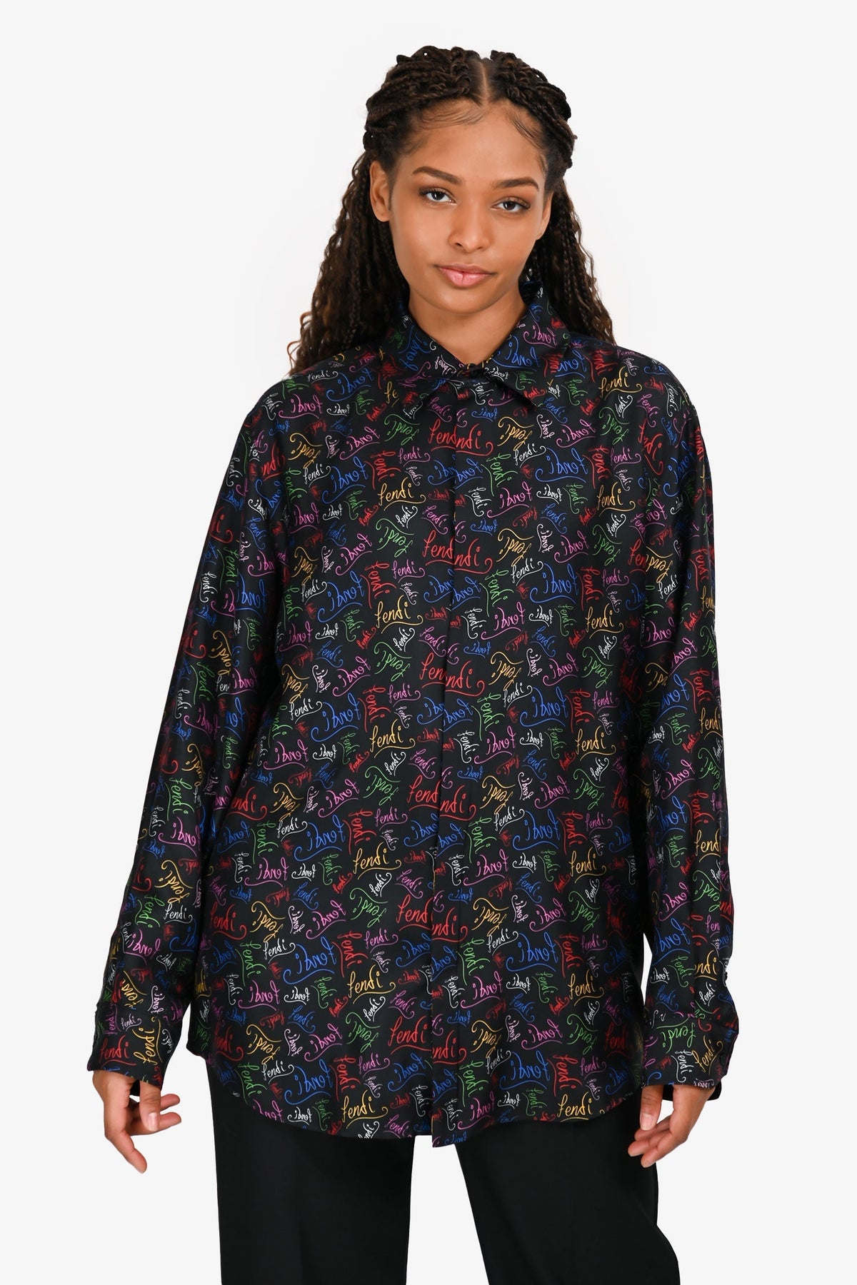 Fendi Black/Multicoloured Logo Silk Button Down Shirt Size 43 Mens Rovelle Bags