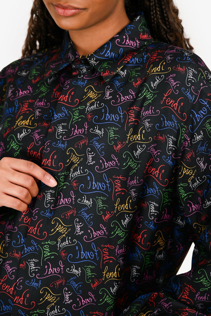 Fendi Black/Multicoloured Logo Silk Button Down Shirt Size 43 Mens Rovelle Bags