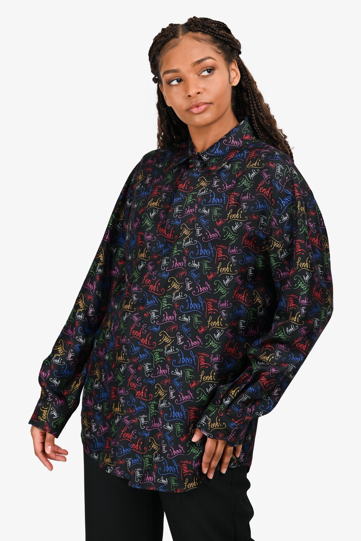 Fendi Black/Multicoloured Logo Silk Button Down Shirt Size 43 Mens Rovelle Bags