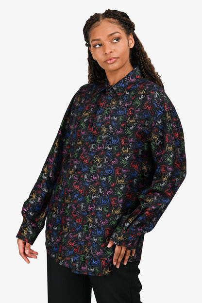 Fendi Black/Multicoloured Logo Silk Button Down Shirt Size 43 Mens Rovelle Bags