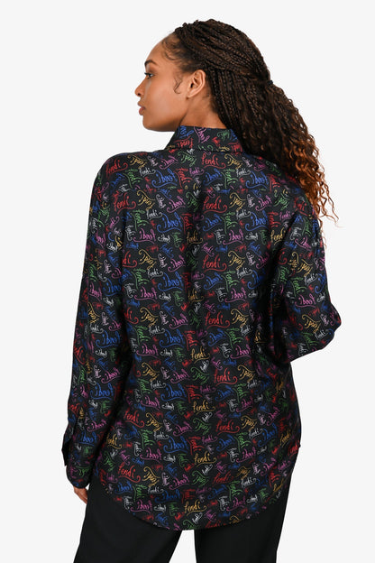 Fendi Black/Multicoloured Logo Silk Button Down Shirt Size 43 Mens Rovelle Bags