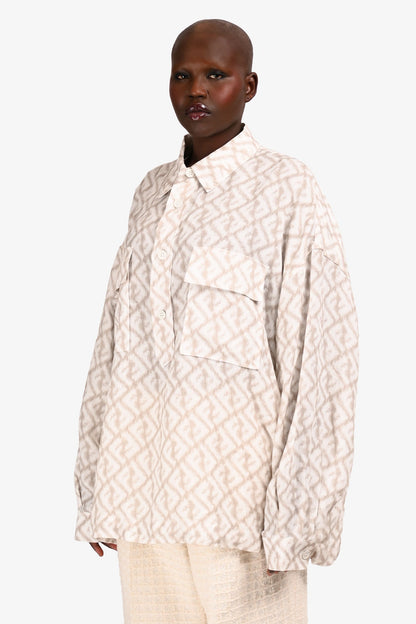 Fendi 2022 White/Beige Graphic Linen V-Neck Pocket Blo Size 42 w/ Tags Rovelle Bags