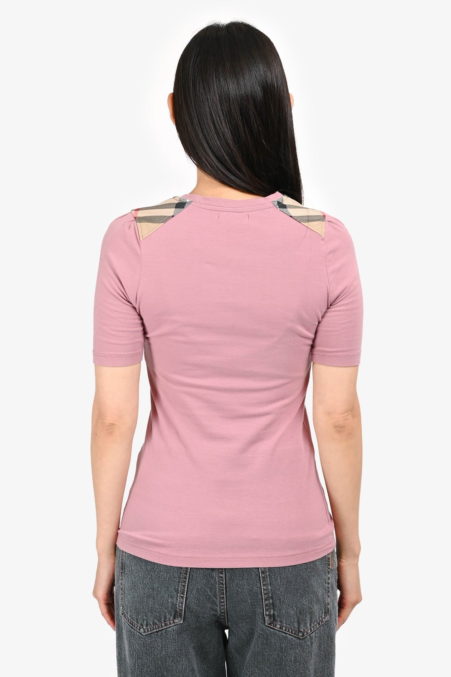 Burberry London Pink Cotton Nova Check Detail Short Sleeve T-Shirt Size XS