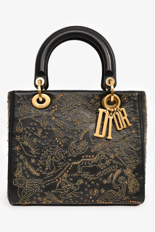 Christian Dior 2017 Black Leather Zodiac Embroidered Medium Lady D-Lite Bag With Strap Rovelle Bags