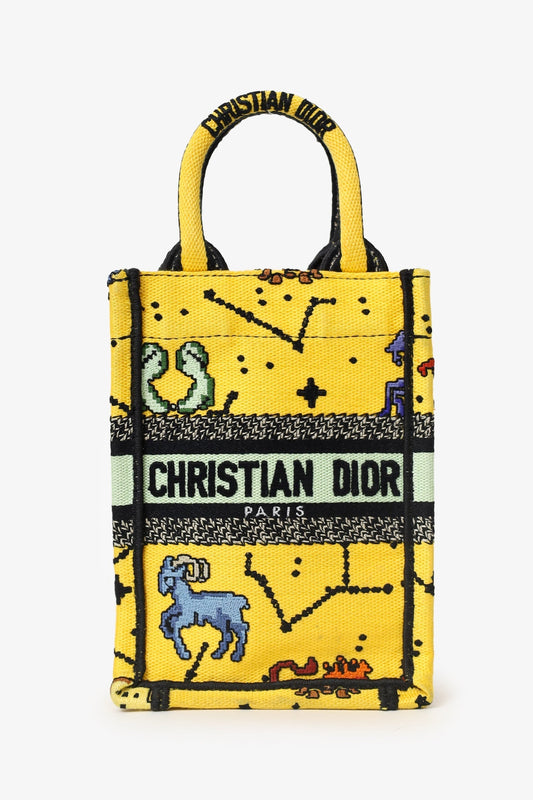 Christian Dior 2022 Yellow Canvas Embroidered Pixel Zodiac Mini Book Tote Phone Bag With Strap Rovelle Bags
