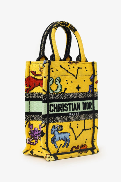 Christian Dior 2022 Yellow Canvas Embroidered Pixel Zodiac Mini Book Tote Phone Bag With Strap Rovelle Bags