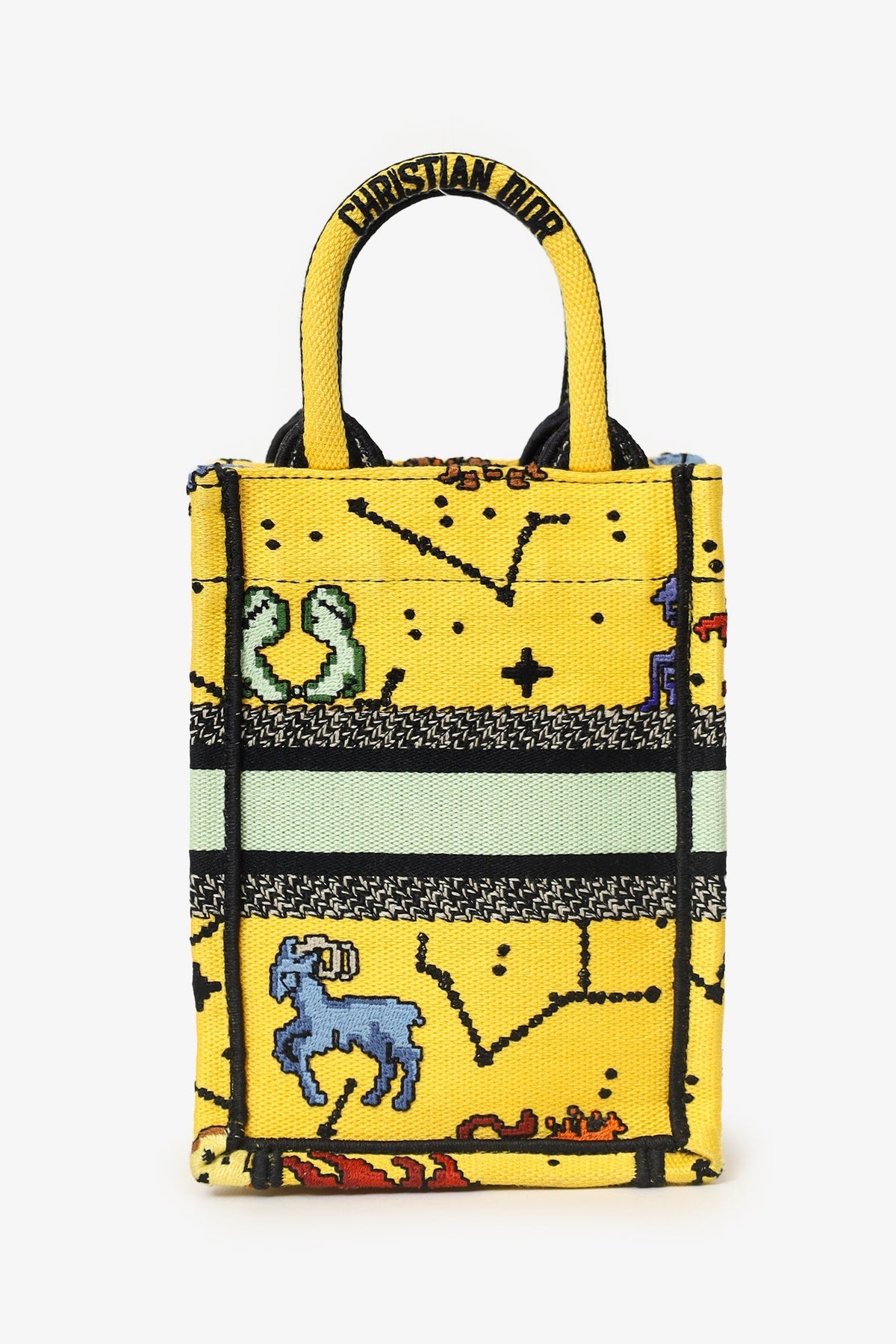 Christian Dior 2022 Yellow Canvas Embroidered Pixel Zodiac Mini Book Tote Phone Bag With Strap Rovelle Bags
