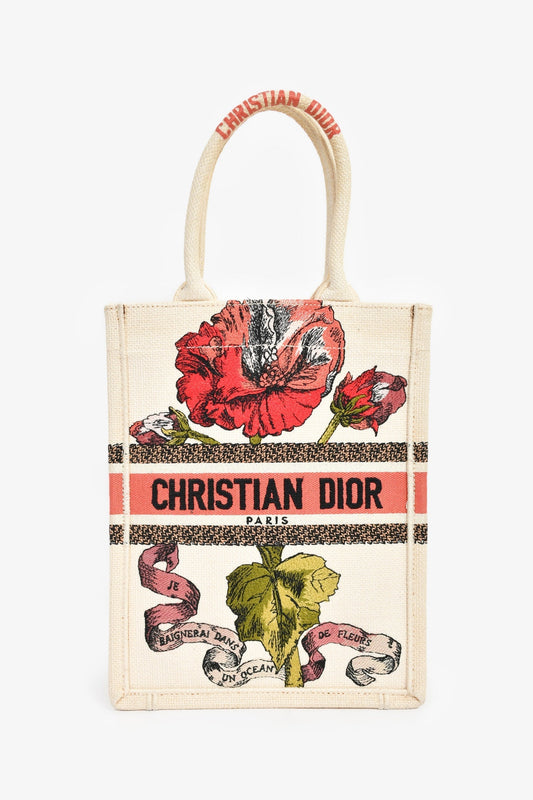 Christian Dior 2020 Cream 'Fleurs Bibliques' Canvas Vertical Mini Book Tote Rovelle Bags
