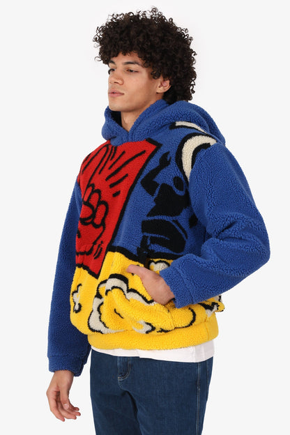 Burberry Blue/Yellow Poster Graphic Fleece Jacquard Hoodie Size S Mens
