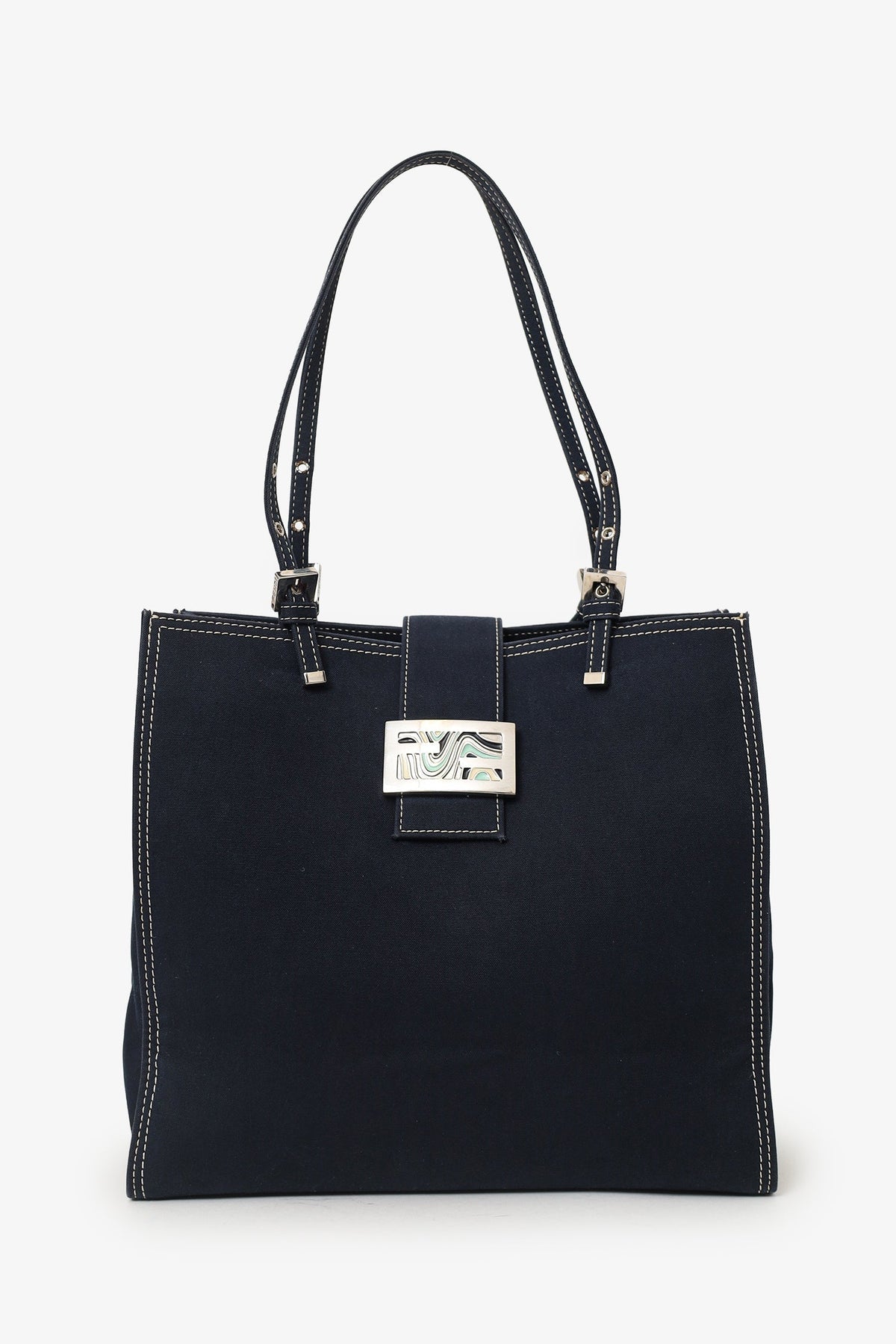 Fendi Blue Denim Baguette Buckle Square Tote Square Rovelle Bags