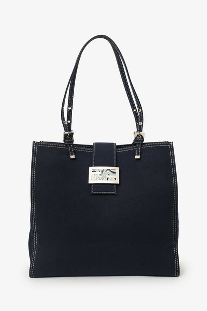 Fendi Blue Denim Baguette Buckle Square Tote Square Rovelle Bags