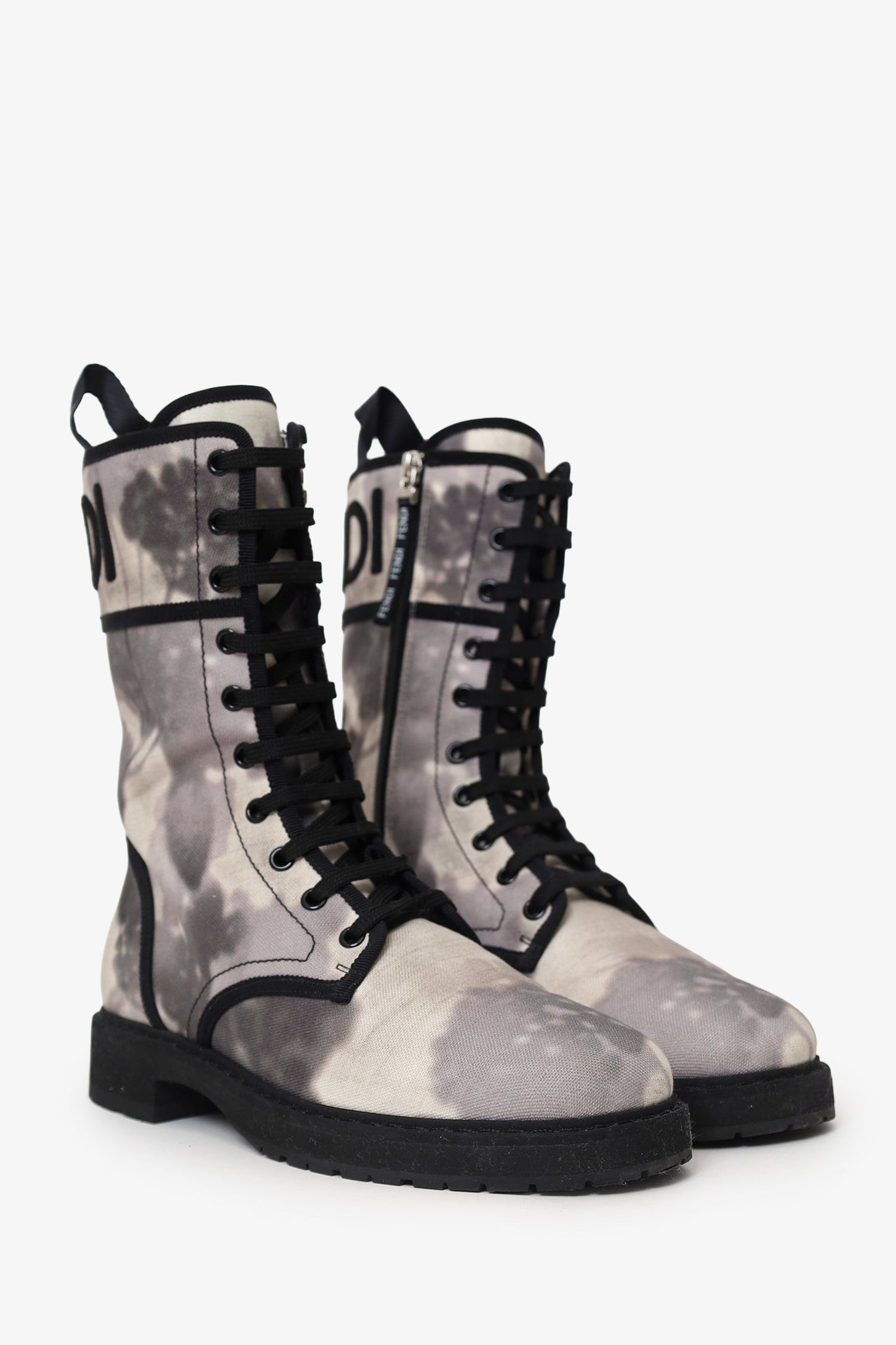 Fendi White/Grey Canvas Printed Combat Boots Size 39.5 Rovelle Bags