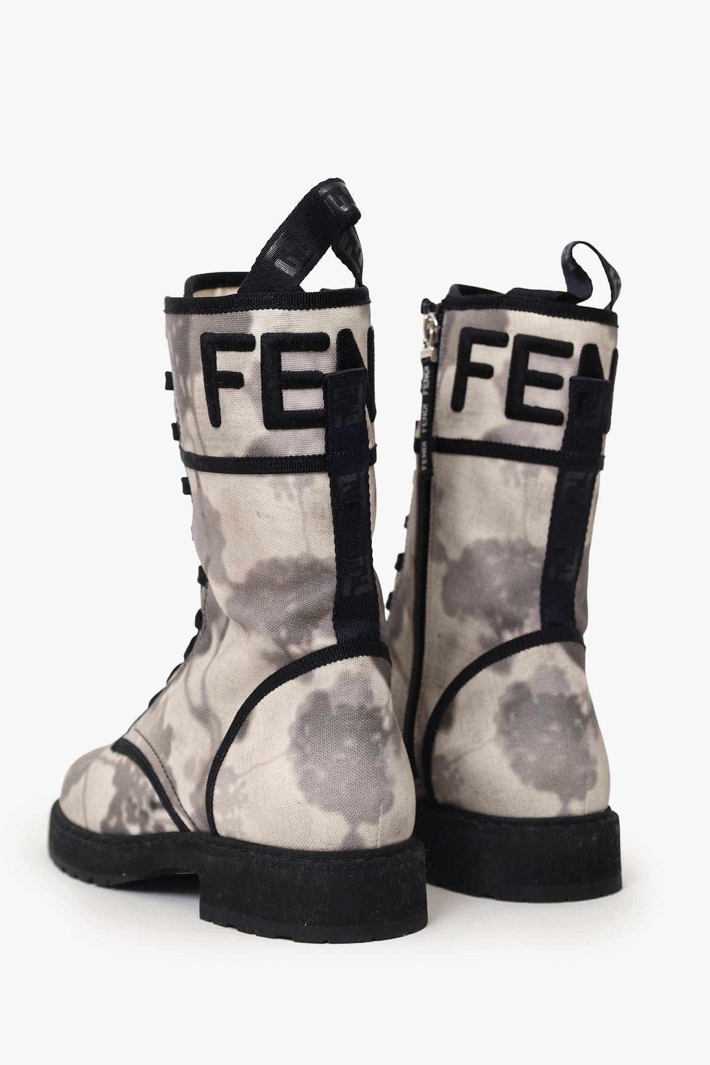 Fendi White/Grey Canvas Printed Combat Boots Size 39.5 Rovelle Bags