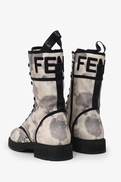 Fendi White/Grey Canvas Printed Combat Boots Size 39.5 Rovelle Bags