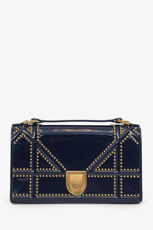 Christian Dior 2017 Navy Patent Studded Mini Diorama Top Handle Bag With Pouch Rovelle Bags