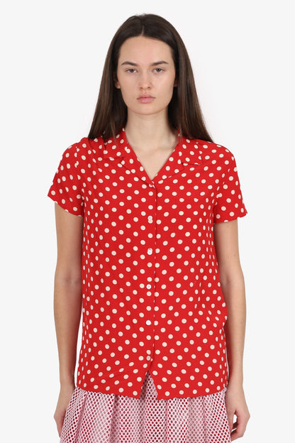 Burberry Red/White Polka Dot Silk Short Sleeve Button Down Blouse Size 4