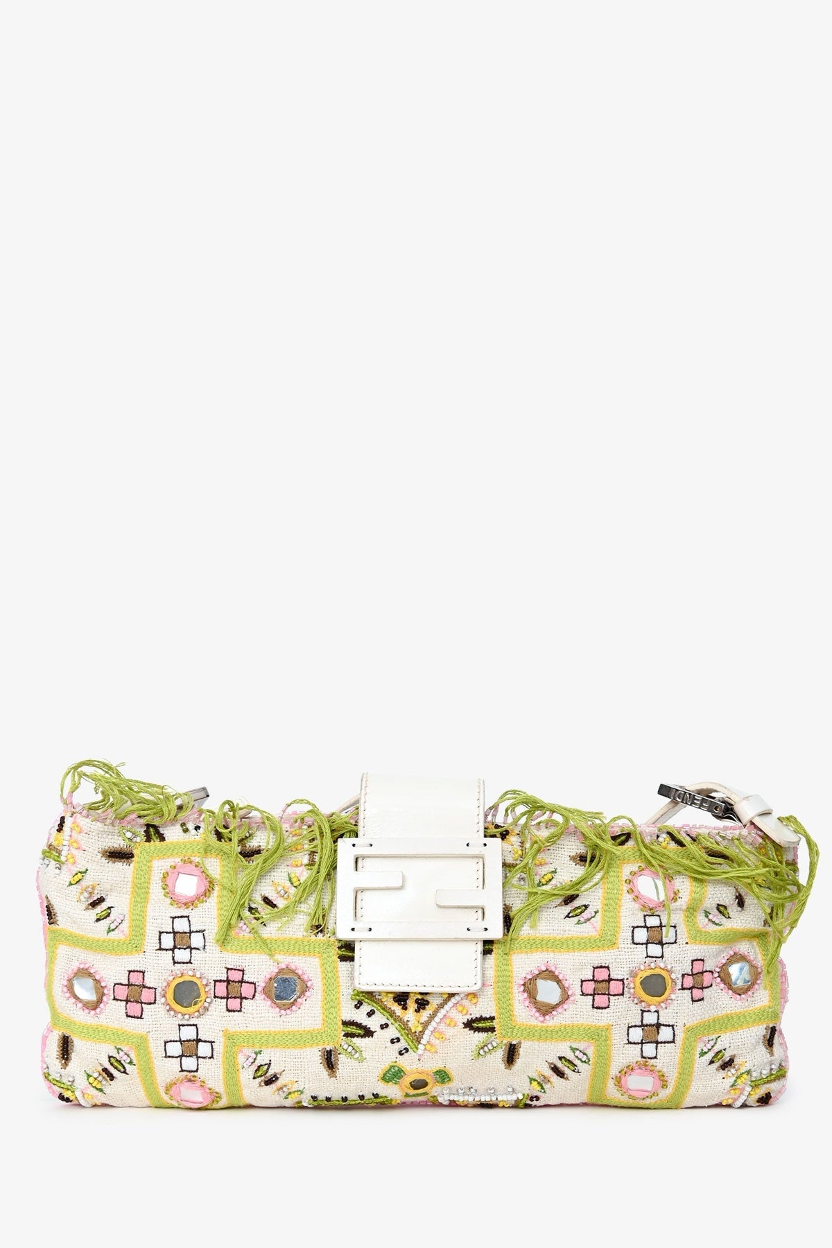 Fendi Limited Edition White/Green Fringe Beaded Embroidery Baguette Pochette Rovelle Bags