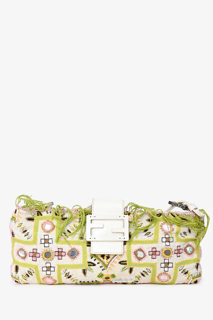 Fendi Limited Edition White/Green Fringe Beaded Embroidery Baguette Pochette Rovelle Bags
