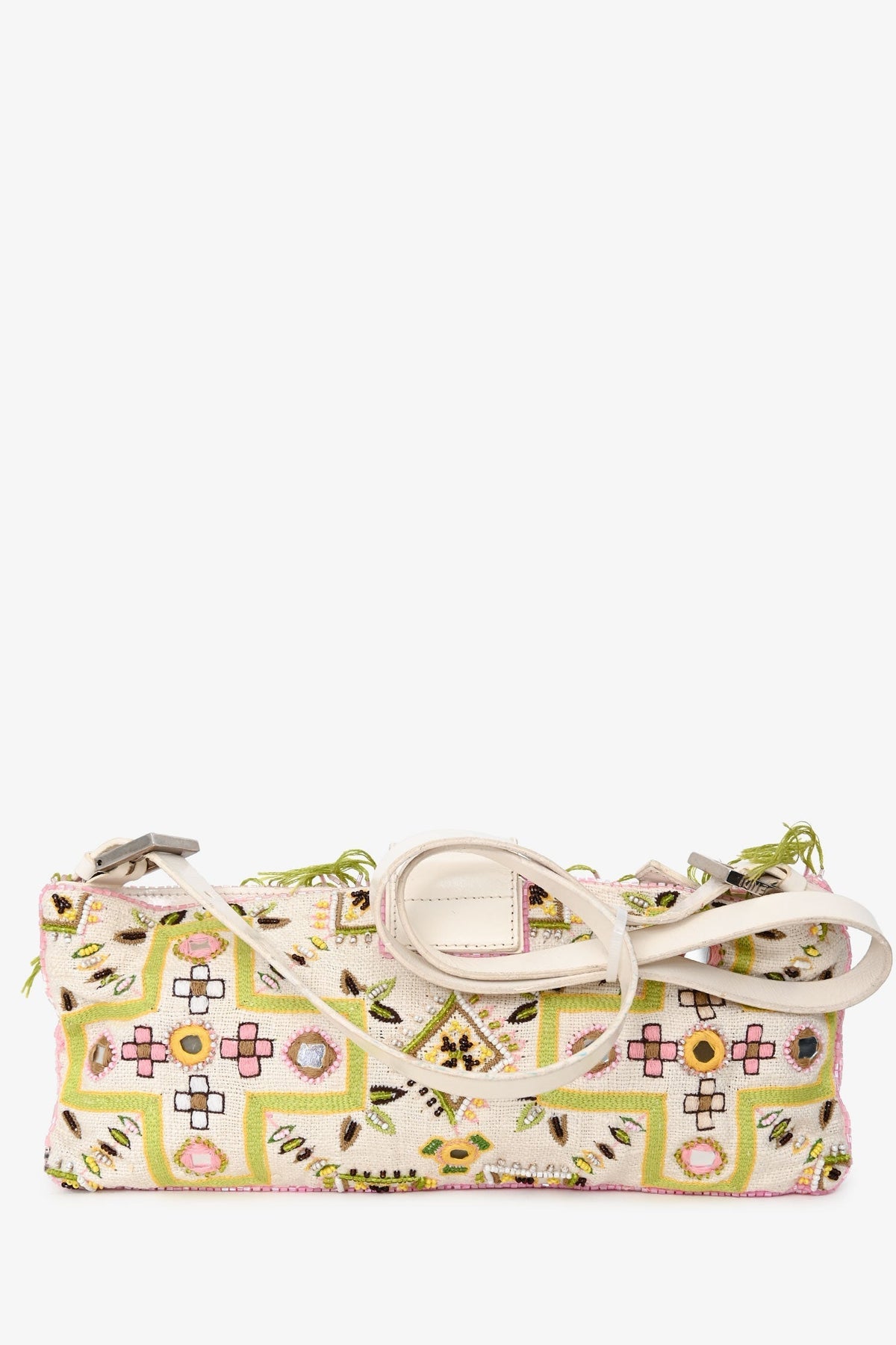 Fendi Limited Edition White/Green Fringe Beaded Embroidery Baguette Pochette Rovelle Bags