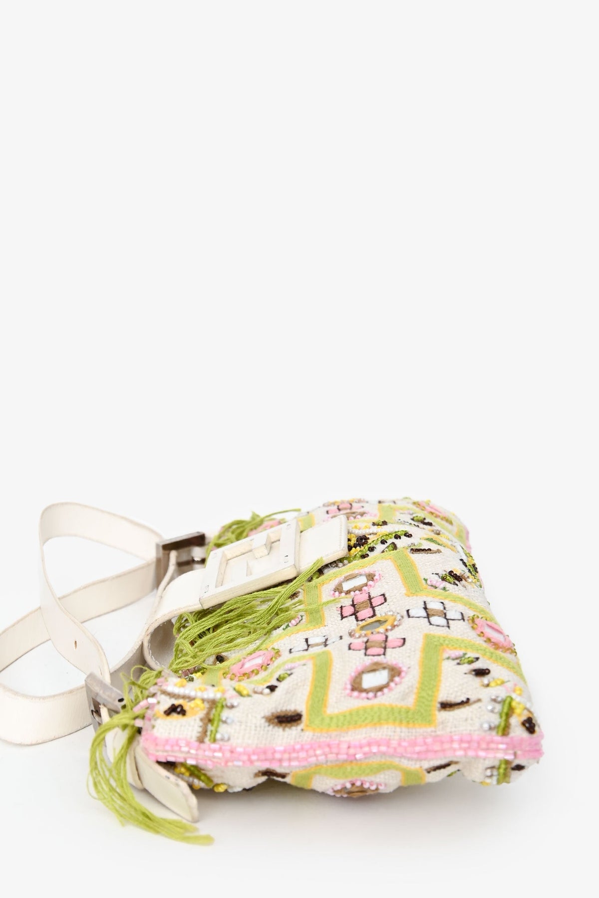 Fendi Limited Edition White/Green Fringe Beaded Embroidery Baguette Pochette Rovelle Bags