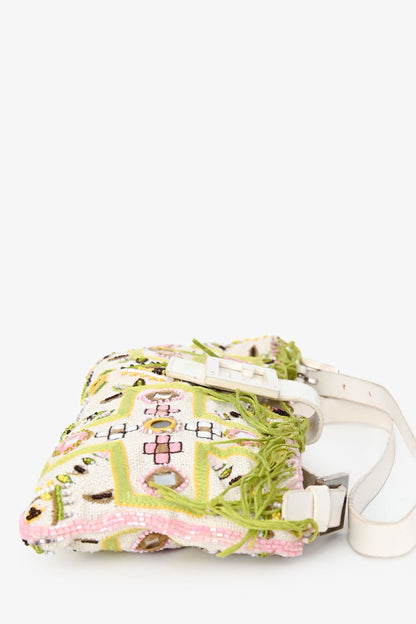Fendi Limited Edition White/Green Fringe Beaded Embroidery Baguette Pochette Rovelle Bags