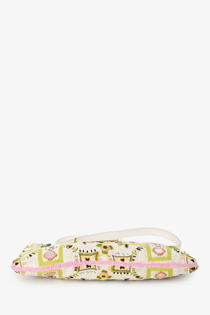 Fendi Limited Edition White/Green Fringe Beaded Embroidery Baguette Pochette Rovelle Bags