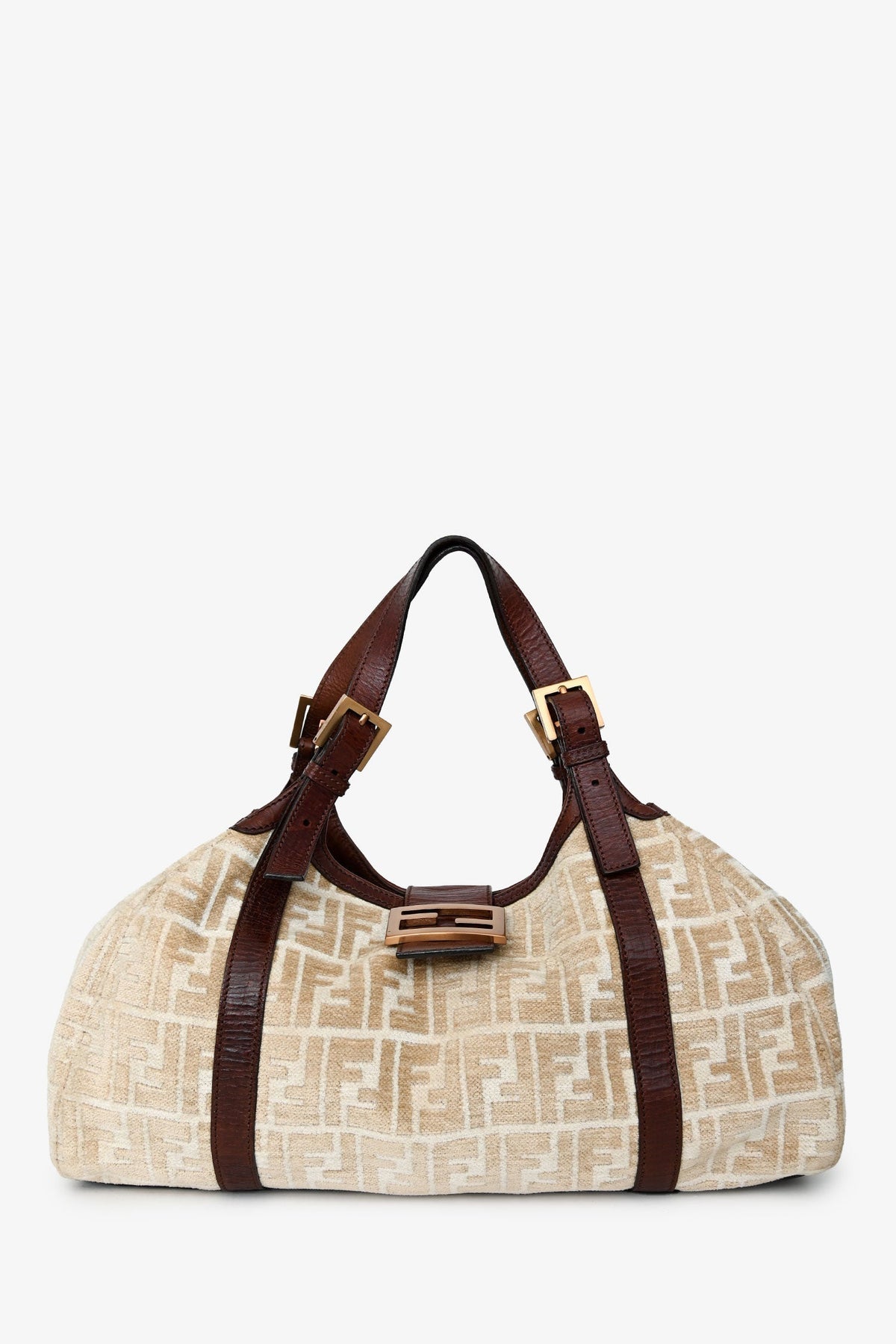 Fendi Beige/Brown Velvet/Leather Zucca Baguette Hobo Bag Rovelle Bags