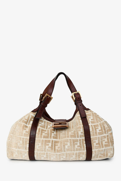 Fendi Beige/Brown Velvet/Leather Zucca Baguette Hobo Bag Rovelle Bags