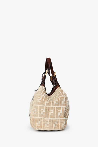 Fendi Beige/Brown Velvet/Leather Zucca Baguette Hobo Bag Rovelle Bags